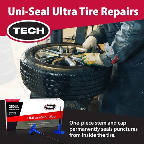TECH UL6 Uni-Seal Ultra Tire Repairs - One-Piece Stem and Cap Tire Patch Plug for Punctures up to 1/4" (6mm), Permanent Seal for All Types of Tires, Easy-to-Use & Efficient Repair Solution, Box of 14 in Kuwait
