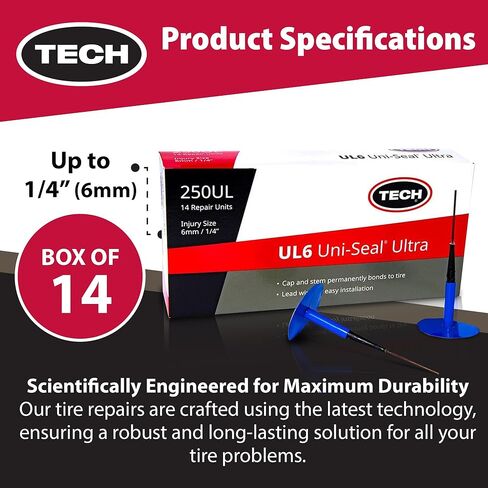 TECH UL6 Uni-Seal Ultra Tire Repairs - One-Piece Stem and Cap Tire Patch Plug for Punctures up to 1/4" (6mm), Permanent Seal for All Types of Tires, Easy-to-Use & Efficient Repair Solution, Box of 14 in Kuwait