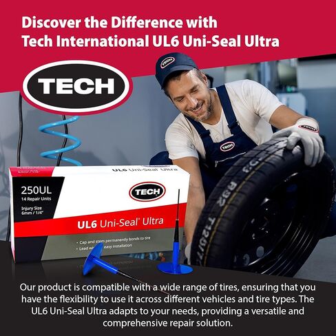 TECH UL6 Uni-Seal Ultra Tire Repairs - One-Piece Stem and Cap Tire Patch Plug for Punctures up to 1/4" (6mm), Permanent Seal for All Types of Tires, Easy-to-Use & Efficient Repair Solution, Box of 14 in Kuwait