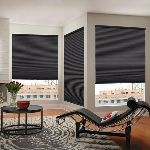 Custom Size Cordless Cellular Shades 100% Blackout Blinds for Windows Blinds 1.5" Cell Honeycomb Pleated Window Shades Thermal Insulated Bottom Up Cellular Blinds for Windows, Home, Black in Kuwait