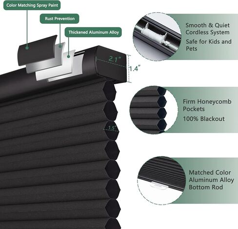 Custom Size Cordless Cellular Shades 100% Blackout Blinds for Windows Blinds 1.5" Cell Honeycomb Pleated Window Shades Thermal Insulated Bottom Up Cellular Blinds for Windows, Home, Black in Kuwait
