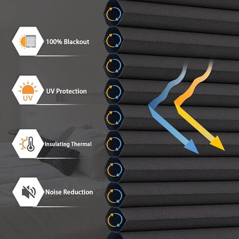 Custom Size Cordless Cellular Shades 100% Blackout Blinds for Windows Blinds 1.5" Cell Honeycomb Pleated Window Shades Thermal Insulated Bottom Up Cellular Blinds for Windows, Home, Black in Kuwait