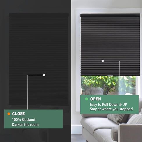 Custom Size Cordless Cellular Shades 100% Blackout Blinds for Windows Blinds 1.5" Cell Honeycomb Pleated Window Shades Thermal Insulated Bottom Up Cellular Blinds for Windows, Home, Black in Kuwait