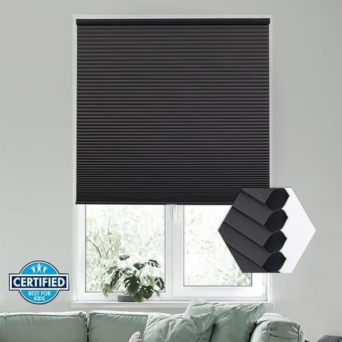 Custom Size Cordless Cellular Shades 100% Blackout Blinds for Windows Blinds 1.5" Cell Honeycomb Pleated Window Shades Thermal Insulated Bottom Up Cellular Blinds for Windows, Home, Black in Kuwait