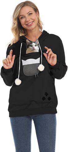 Women Front Pouch Shirt Kitten Puppy Holder Top Long Sleeve Big Pocket Hooded Blouse Thin Tops in Kuwait