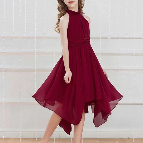 Girls Halter Dress Sleeveless High Low Asymmetrical Hem A Line Ruched Twist Knot Chiffon Wedding Guest Dress in Saudi Arabia