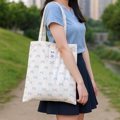 Bow Detail Canvas Tote, Spacious Shoulder Bag with Adjustable Strap, Casual Women's Purse in Saudi Arabia