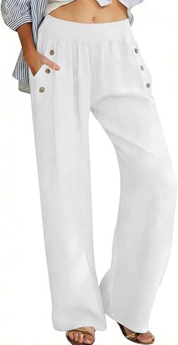Linen Pants Women High Waisted Wide Leg Linen Pant Boho Casual Palazzo Pants Comfy Long Lounge Trousers with Pockets in Kuwait
