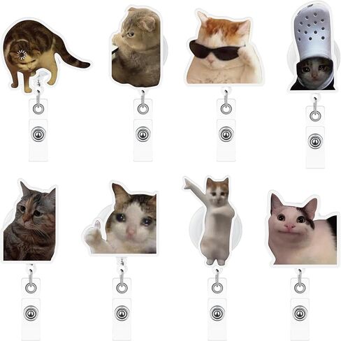 Funny Cat Meme Badge Reels - 8Pcs Cartoon Prank Cat Meme Patterns Badge Reel Retractable ID Holders with Alligator Clip Cute Nursing Name Tag Gift for Humorous Teacher Student Employee Doctors Decor in Kuwait