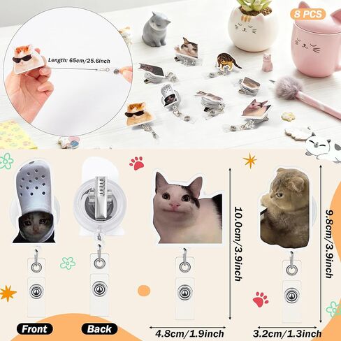 Funny Cat Meme Badge Reels - 8Pcs Cartoon Prank Cat Meme Patterns Badge Reel Retractable ID Holders with Alligator Clip Cute Nursing Name Tag Gift for Humorous Teacher Student Employee Doctors Decor in Kuwait