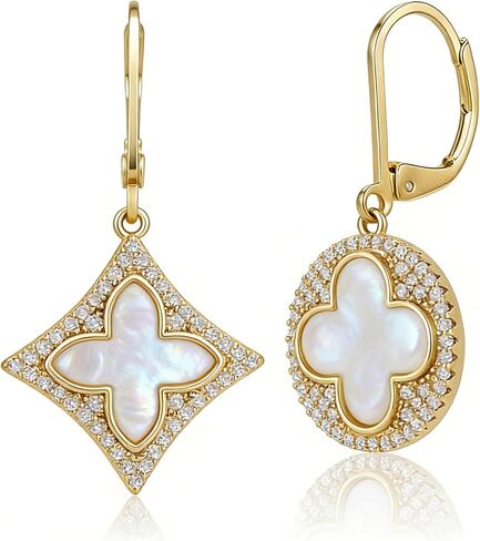 Clover Earrings for Women, 18K Gold Plated Vintage Four Leaf Drop Dangle Earring with Mother of Pearl & Cubic Zicrons, Elegant Jewelry Gift for Mother, Wife, Sister, Girlfriend in Saudi Arabia