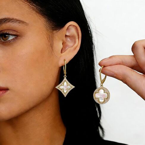 Clover Earrings for Women, 18K Gold Plated Vintage Four Leaf Drop Dangle Earring with Mother of Pearl & Cubic Zicrons, Elegant Jewelry Gift for Mother, Wife, Sister, Girlfriend in Saudi Arabia