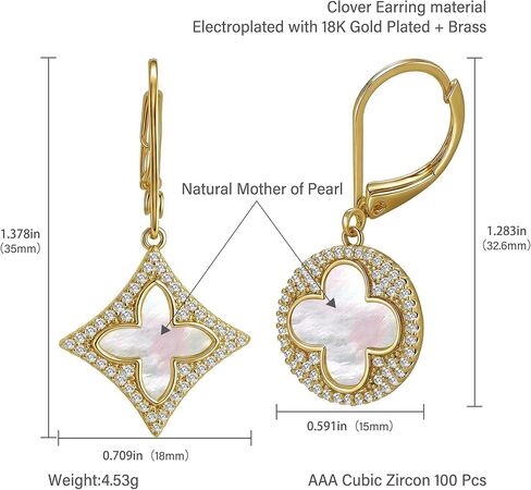 Clover Earrings for Women, 18K Gold Plated Vintage Four Leaf Drop Dangle Earring with Mother of Pearl & Cubic Zicrons, Elegant Jewelry Gift for Mother, Wife, Sister, Girlfriend in Saudi Arabia