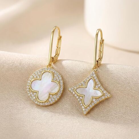 Clover Earrings for Women, 18K Gold Plated Vintage Four Leaf Drop Dangle Earring with Mother of Pearl & Cubic Zicrons, Elegant Jewelry Gift for Mother, Wife, Sister, Girlfriend in Saudi Arabia