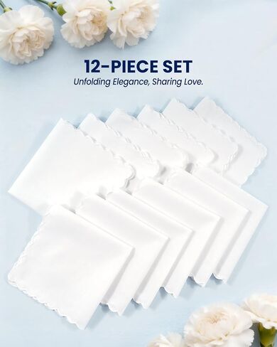 Selected Hanky Elegant Cotton Handkerchiefs for Women & Ladies, 12 Pack White Hankies with Scalloped Edge, 11x11 Inch Soft Reusable Daily Essential in Kuwait