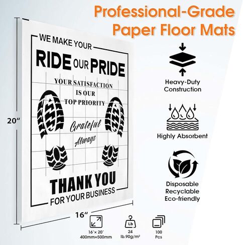100 قطعة من سجادات الأرضية الورقية للسيارات، سجادات أرضية السيارات للاستعمال مرة واحدة، واقيات وسادة القدم الورقية المقاومة للماء مع تصميم شكرًا لك على تفاصيل السيارة ووكلاء السيارات (20 بوصة × 16 بوصة) in Kuwait