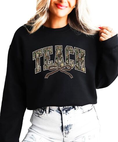 Olive Loves Apple Trendy Camo Teach Sweatshirt - Distressed Camouflage Sweater for Teacher - Bow Pullover in Saudi Arabia