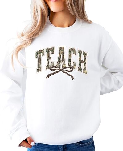 Olive Loves Apple Trendy Camo Teach Sweatshirt - Distressed Camouflage Sweater for Teacher - Bow Pullover in Saudi Arabia