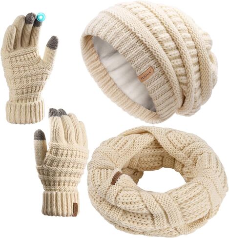 FURTALK Winter Knit Beanie Hat Scarf Gloves 3 Pcs Slouchy Fleece Lined Skull Cap for Women Men in Kuwait