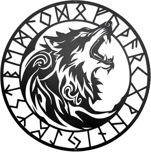 Viking Wolf Wall Decor - Norse Decor Metal Art with Howling Wolfs and Norse Runes Design | Nordic Wall Decor, Viking Home Decorations Wolf Art for Home, Outdoor, Gift for Viking Culture Enthusiasts in Kuwait