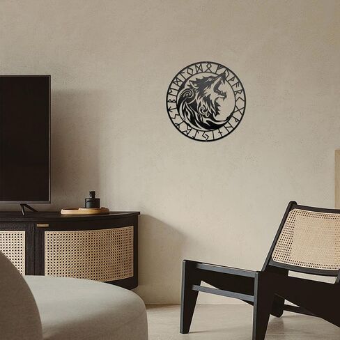 Viking Wolf Wall Decor - Norse Decor Metal Art with Howling Wolfs and Norse Runes Design | Nordic Wall Decor, Viking Home Decorations Wolf Art for Home, Outdoor, Gift for Viking Culture Enthusiasts in Kuwait