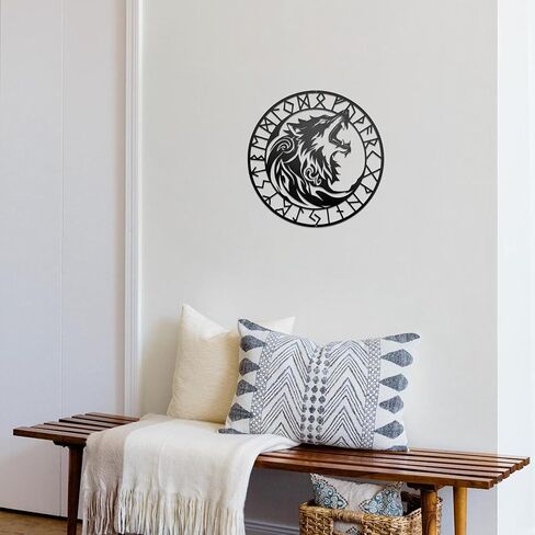 Viking Wolf Wall Decor - Norse Decor Metal Art with Howling Wolfs and Norse Runes Design | Nordic Wall Decor, Viking Home Decorations Wolf Art for Home, Outdoor, Gift for Viking Culture Enthusiasts in Kuwait