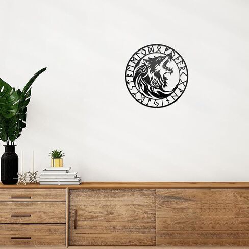 Viking Wolf Wall Decor - Norse Decor Metal Art with Howling Wolfs and Norse Runes Design | Nordic Wall Decor, Viking Home Decorations Wolf Art for Home, Outdoor, Gift for Viking Culture Enthusiasts in Kuwait