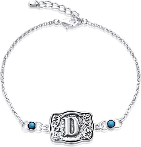 Western Initial Bracelet in Sterling Silver with Genuine Kingman Turquoise – Antique Finish Belt Buckle Design, Adjustable Lightweight Western Jewelry for Women in Saudi Arabia