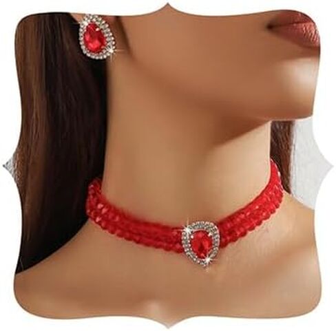 Missgrace Vintage Boho Bride Wedding Black Red Blue Large Party Prom Teardrop Rhinestone Layered Choker Necklaces and Earrings Set for Women in Saudi Arabia