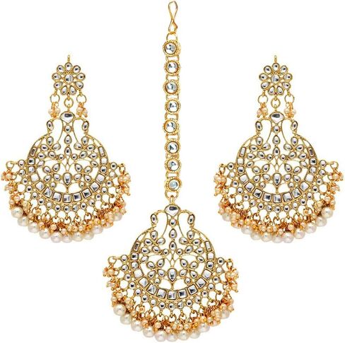 Aheli Faux Kundan Pearl Wedding Chandbali Earrings with Maang Tikka Indian Traditional Bollywood Jewelry Set Gift for Women in Saudi Arabia