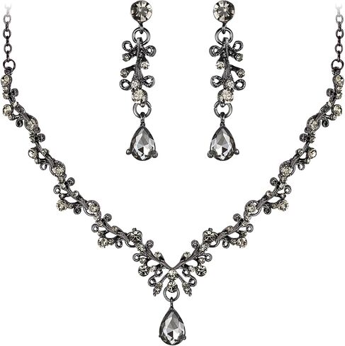 BriLove Wedding Bridal Jewelry Set CZ Crystal Leaf Vine Floral Scroll Teardrop V-Necklace Pierced Earrings Set for Women Bridesmaid in Saudi Arabia
