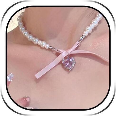 Bow Necklace Gold Pearl Necklace Cute Pearl Beaded Choker Necklace Pearl Y Lariat Necklace Rhinestone Heart Pendant Necklace Dainty Bow Jewelry Gifts in Kuwait