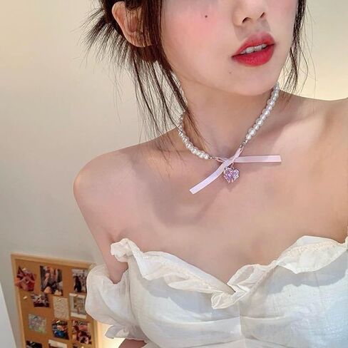 Bow Necklace Gold Pearl Necklace Cute Pearl Beaded Choker Necklace Pearl Y Lariat Necklace Rhinestone Heart Pendant Necklace Dainty Bow Jewelry Gifts in Kuwait