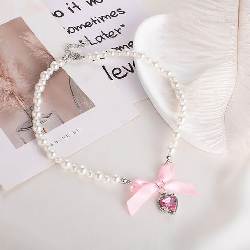 Bow Necklace Gold Pearl Necklace Cute Pearl Beaded Choker Necklace Pearl Y Lariat Necklace Rhinestone Heart Pendant Necklace Dainty Bow Jewelry Gifts in Kuwait