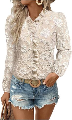 Floerns Women's Elegant Jacquard Floral Long Sleeve Shirts Ruffle Button V Neck Dressy Casual Blouse Tops in Saudi Arabia