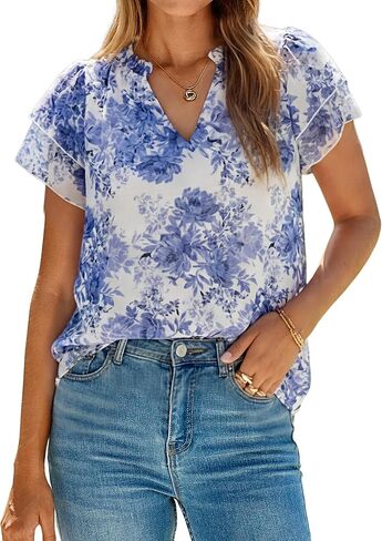 Simplee Women Dressy Casual Blouses Summer Chiffon Floral V Neck Boho Ruffle Short Sleeve Work Business Loose Tops Shirt in Kuwait