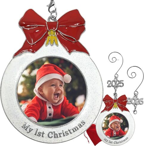 Baby's 1st Christmas Dated Photo Ornament with a 2024 Charm - Shaped Like a Bulb with White Glitter and A Red Bow Design - Gift/Storage Bag Included in Kuwait