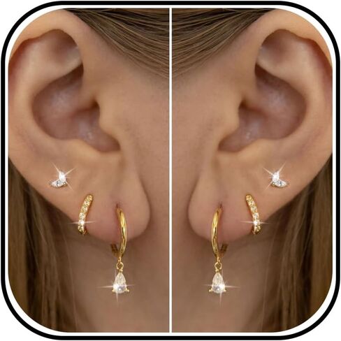 3Pairs Stud Earrings for Women Dainty 14K Gold Hoop Earrings Stacks Trendy Flat Back Earrings Earring Sets for Multiple Piercing Jewelry Gift for Girls in Kuwait