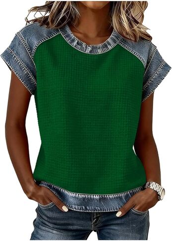 Denim Tops for Women Short Sleeve Crew Neck Splicing Casual Western Shirts Cowboy Jean Tunic Ethnic Style Blouses in Saudi Arabia
