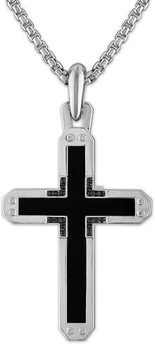 Bulova Jewelry Men's Rhodium Plated Sterling Silver Black Onyx Cross Pendant Necklace with Black Diamond Accents, Sterling Silver Round Box Link Chain,Length 24"-26", Style:BVP1078-WSAABA in Saudi Arabia