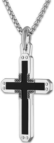 Bulova Jewelry Men's Rhodium Plated Sterling Silver Black Onyx Cross Pendant Necklace with Black Diamond Accents, Sterling Silver Round Box Link Chain,Length 24"-26", Style:BVP1078-WSAABA in Saudi Arabia