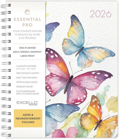 مخطط يومي وأسبوعي وشهري من Essential PRO 2026، 7 بوصة × 9 بوصة: 14 شهرًا (نوفمبر 2025 - ديسمبر 2026) علامات تبويب شهرية، تتبع يومي، صفحات ملاحظات، جيب تخزين، إشارة مرجعية مع ملاحظات لاصقة (فراشات بألوان مائية) in Saudi Arabia