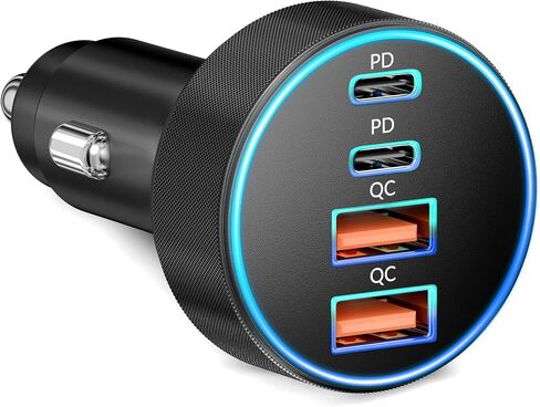 شاحن سيارة USB C، 90 وات 4 منافذ USB-C مزدوج وUSB-A محول ولاعة سجائر متعدد المنافذ 12 فولت ملحقات السيارة PD/QC شحن سريع لهاتف iPhone 16/15/14/13/12، iPad، MacBook، Samsung، Android هاتف in Kuwait