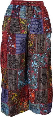 Ezhippie Womens Boho Floral Wide Leg Trousers Elasticated Waist Patchwork Cotton Festival Pants in Kuwait