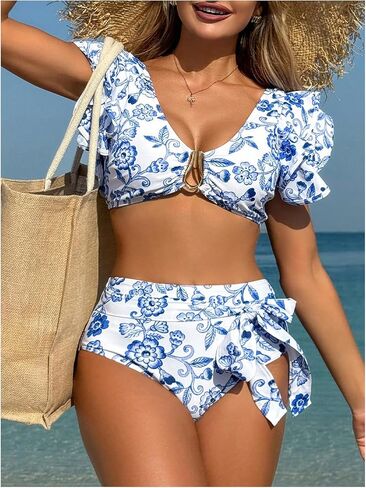 SweatyRocks Women's 2 Piece Floral Boho Bikini Sets Ruffle Trim U Wired High Waisted Bathing Suits in Saudi Arabia