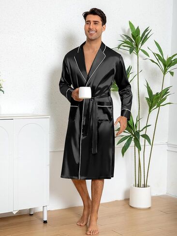 Men's Black Satin Robe Long Sleeve Belted Luxe Comfortable Home Loungewear in Saudi Arabia