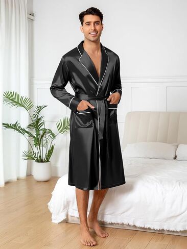 Men's Black Satin Robe Long Sleeve Belted Luxe Comfortable Home Loungewear in Saudi Arabia