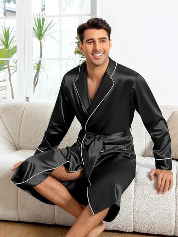 Men's Black Satin Robe Long Sleeve Belted Luxe Comfortable Home Loungewear in Saudi Arabia