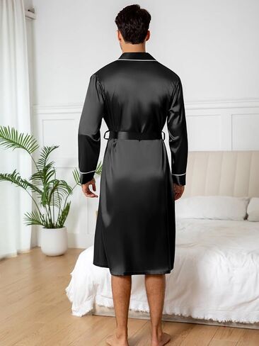 Men's Black Satin Robe Long Sleeve Belted Luxe Comfortable Home Loungewear in Saudi Arabia