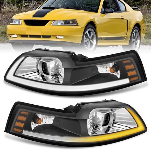 ELH LED DRL مجموعة مصابيح أمامية تناسب 1999-2004 فورد موستانج 1999 2000 2001 2002 2003 2004 99 00 01 02 03 04 فورد موستانج المصباح الأسود الإسكان العنبر عاكس DRL in Kuwait
